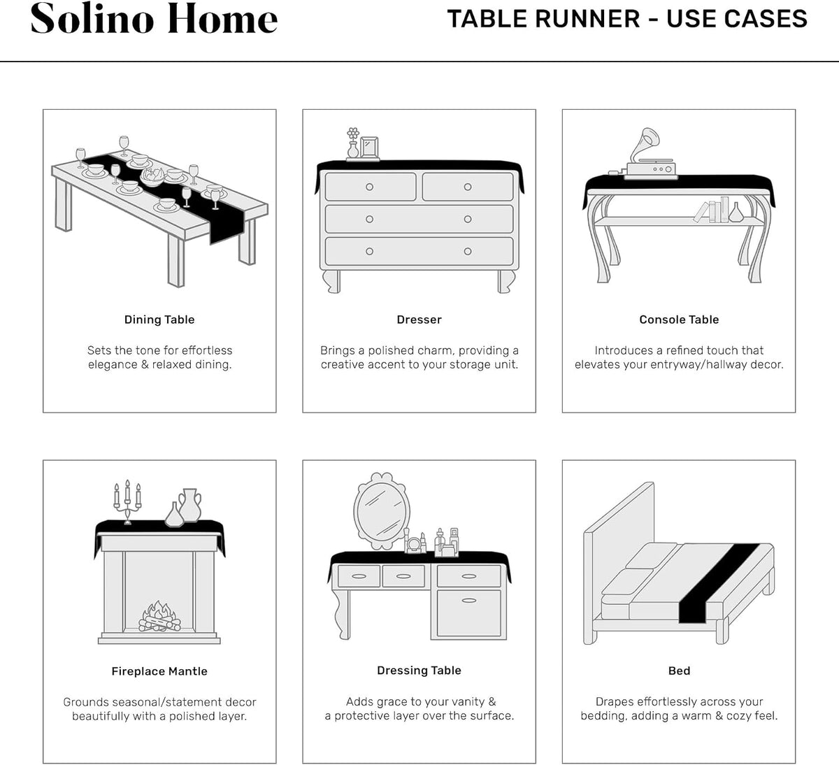 Solino Home 100% Linen Table Runner, 14 x 108 in, Black and White Check