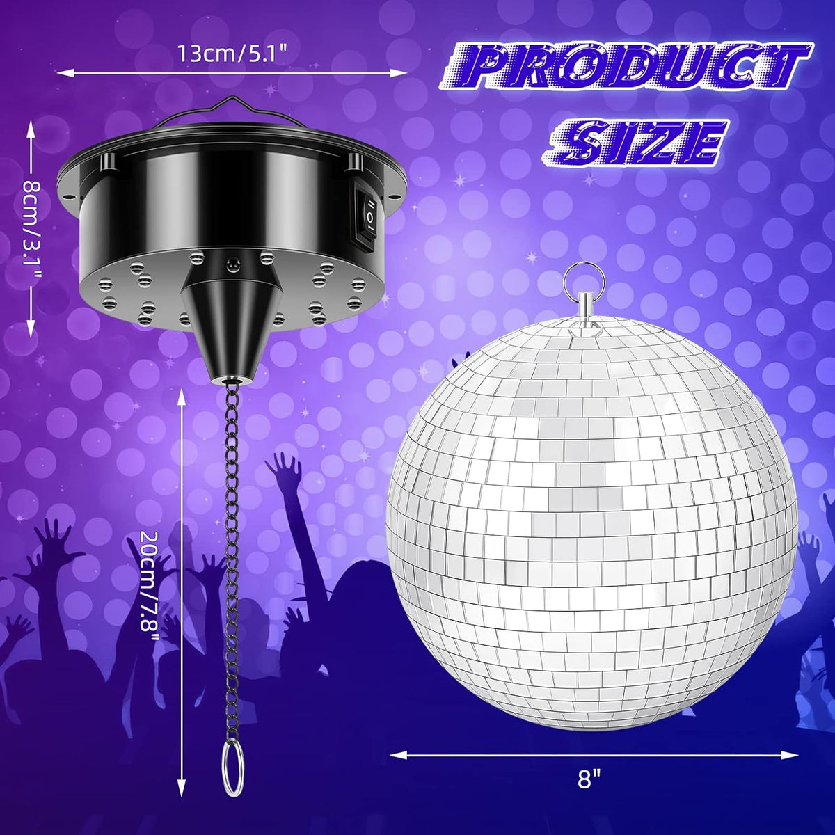 Disco Ball with Motor and Light 8" Hanging Mirror Ball Batteries Powered