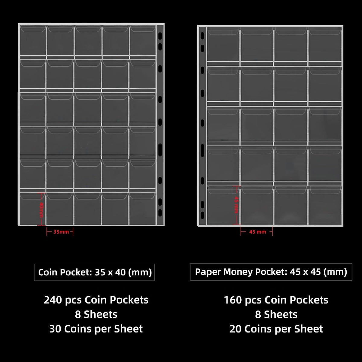 400-Pocket Fireproof Coin Book with Lock & 36 Paper Currency Binder Sleeves