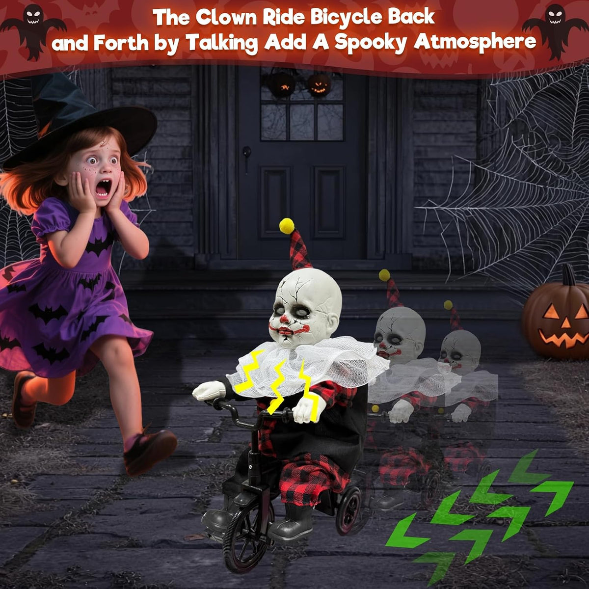 Halloween Animatronic 15.5” Clown Ride on Bicycle Moving Back and Forth