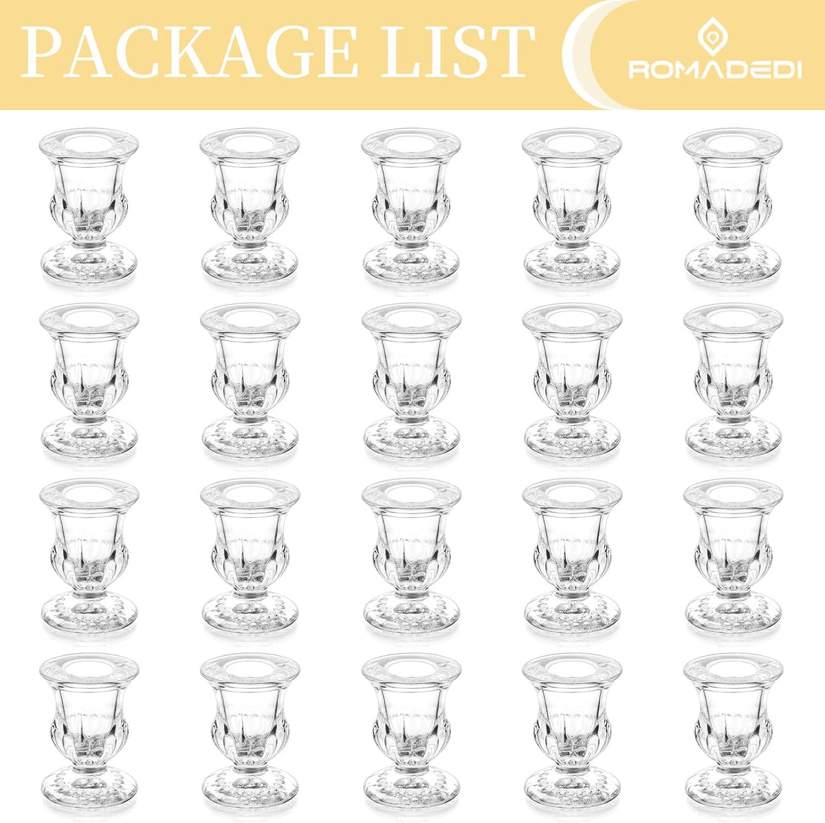 Romadedi Glass Taper Candle Holders, Clear, Pack of 20