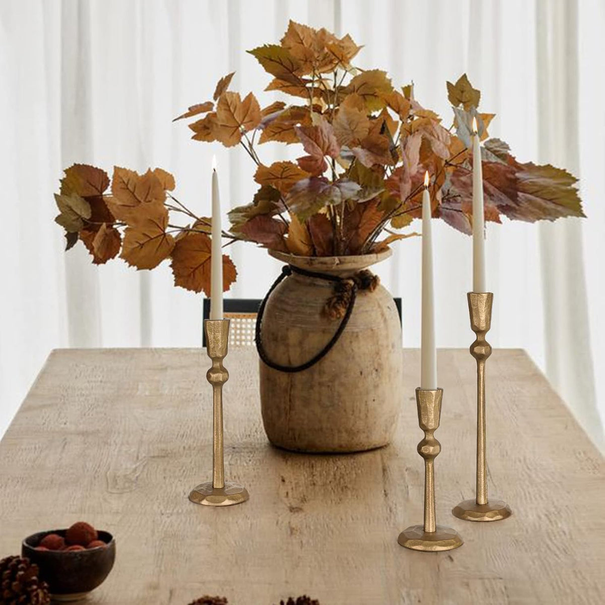 Antique Brass Iron Taper Candle Holder - Set of 3 Decorative Candle Stand