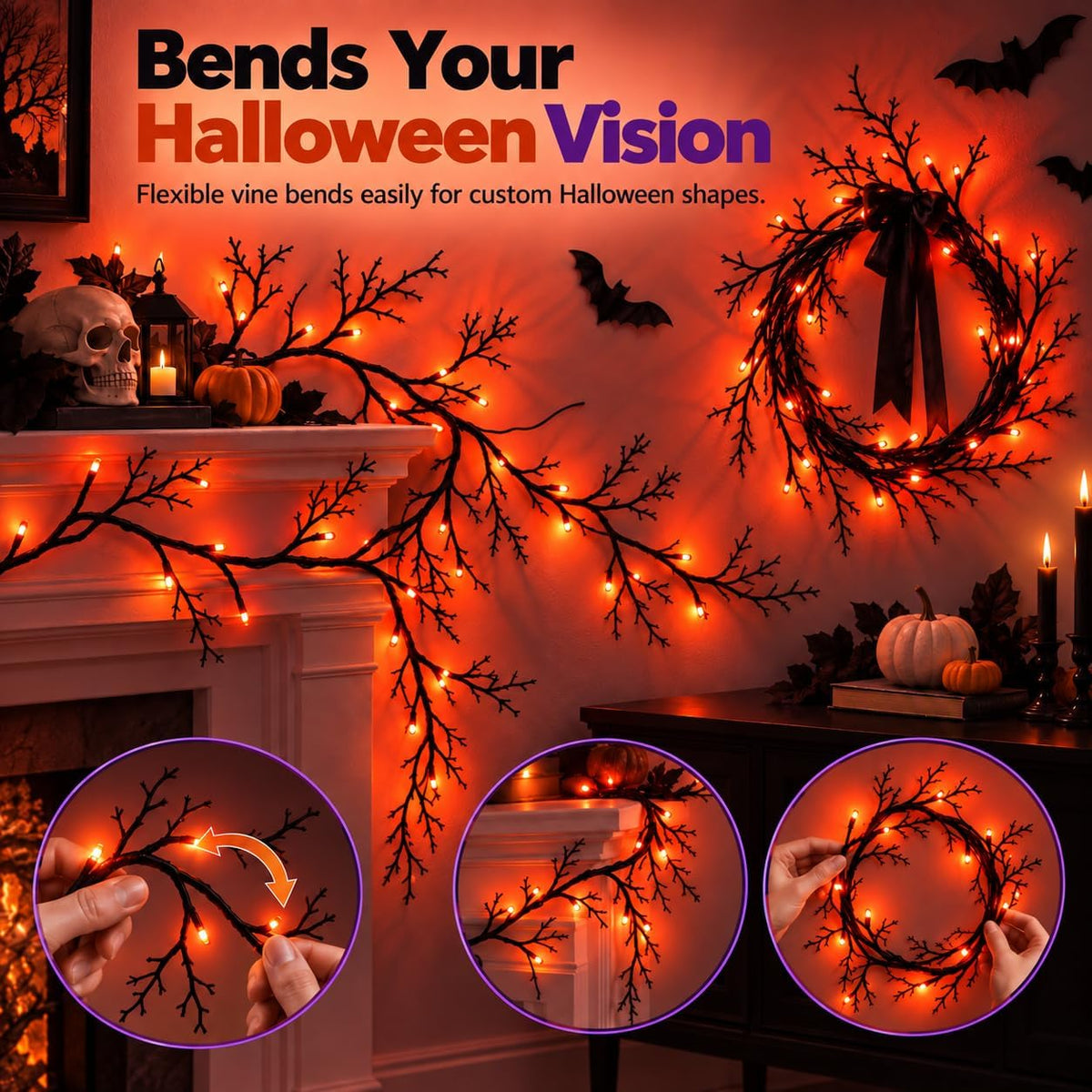 Halloween Garland with Orange Lights, 9 FT Bendable Black Branch, 72 LEDs