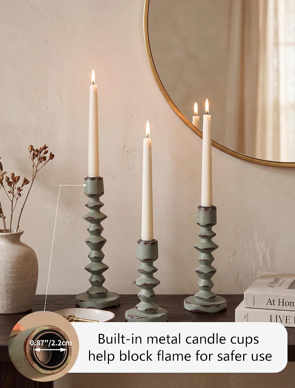 NUPTIO Wood Vintage Candlestick Holders: Set of 3 Rustic Green for Tapers