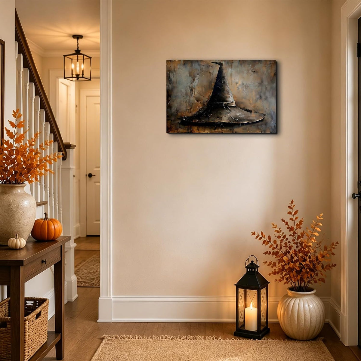 Framed Halloween Wall Art Witch Hat Canvas Prints Gothic Canvas Artwork Vinta...