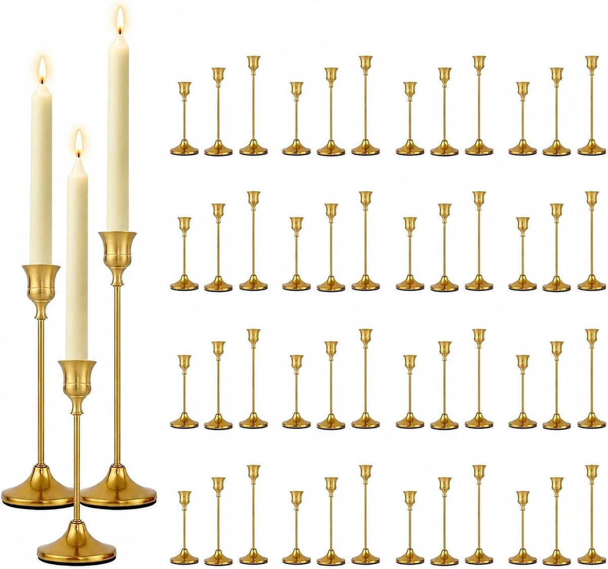 Brass Gold Candlestick Holders Bulk 16 Sets(48 Pcs), Vintage Gold Taper Candl...