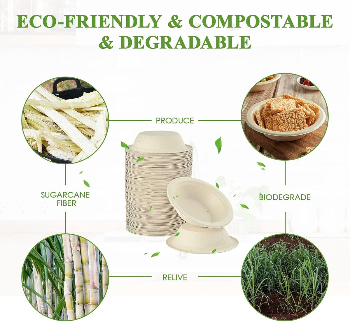 Vplus 500 Pack 12 OZ Compostable Paper Bowls, Bagasse Bowls Bulk,Nature