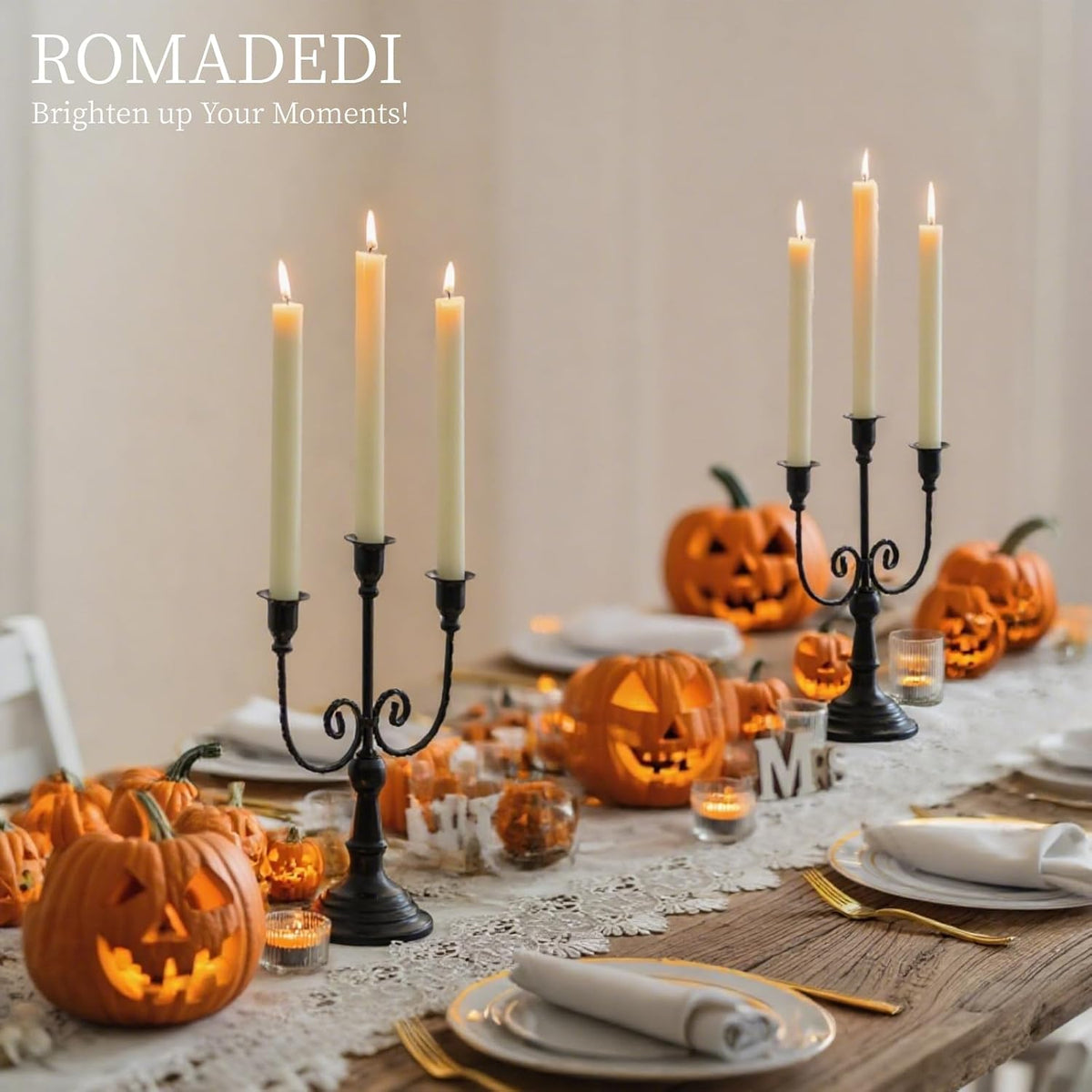 Romadedi Halloween Candelabra, Black 3-Arm Candle Holders Bulk, Set of 6
