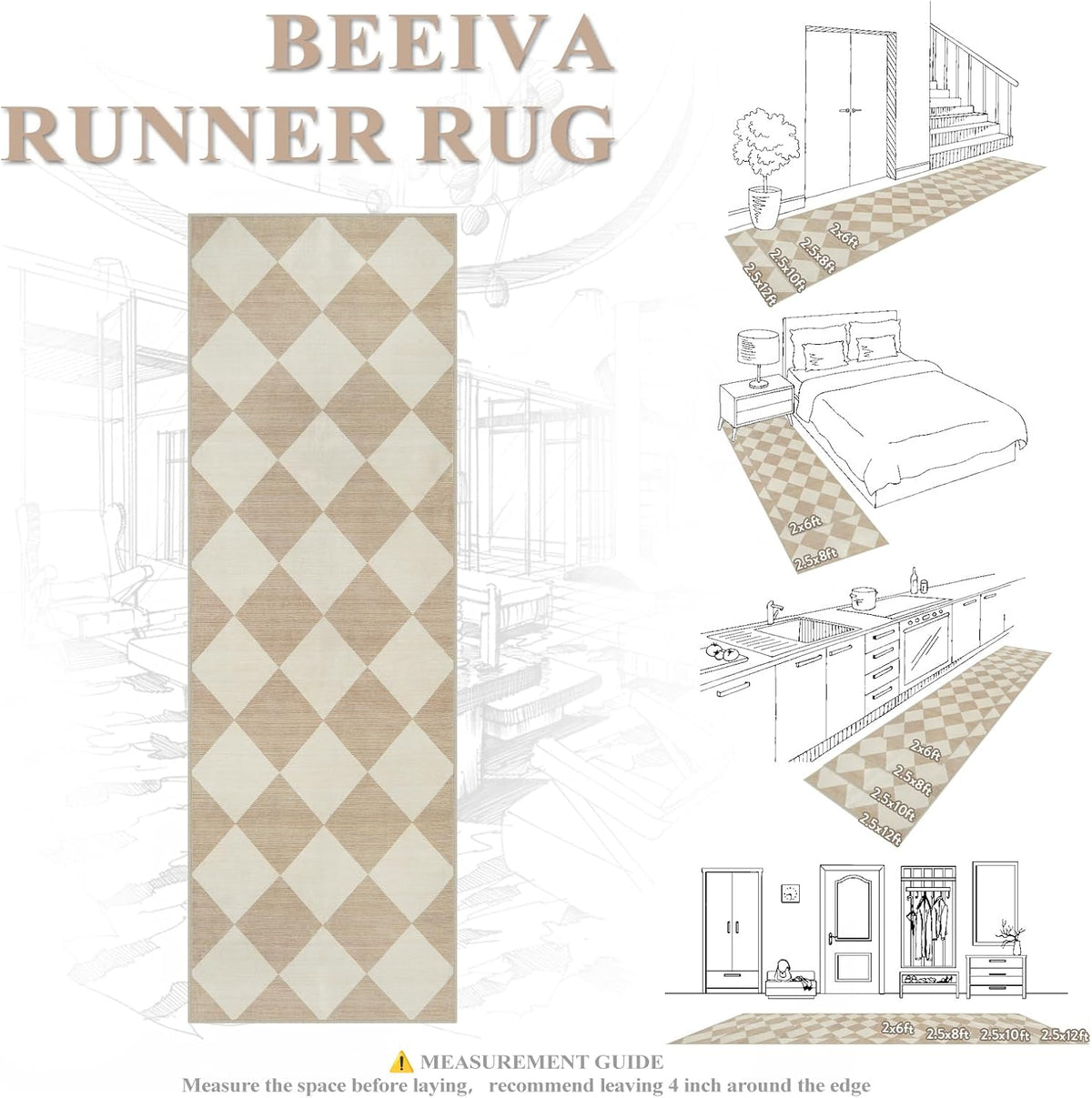 Beeiva Checkered Print Carpet Runners for Hallway 12ft, Beige Neutral Washabl...