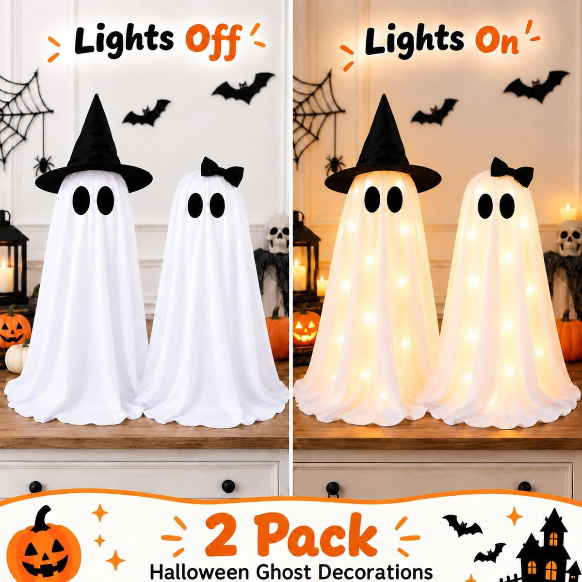 2 Pack Halloween Ghost Decorations Indoor Outdoor, Lighted Ghost Decor with W...