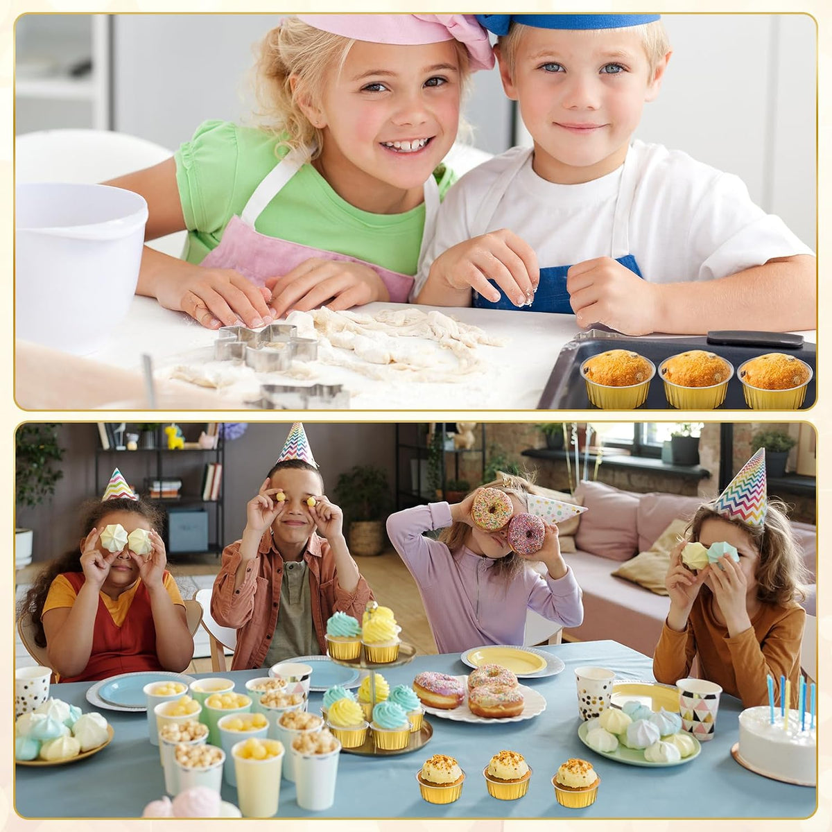 Gejoy 400 Pcs Aluminum Foil Baking Cups with Lids, Classic, Gold