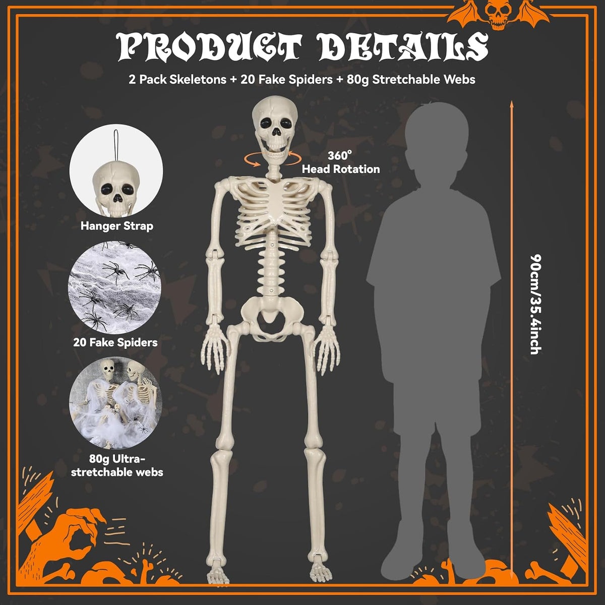 2 Pack 36" Skeleton Halloween Decorations,3Ft Plastic Posable Skeleton w...