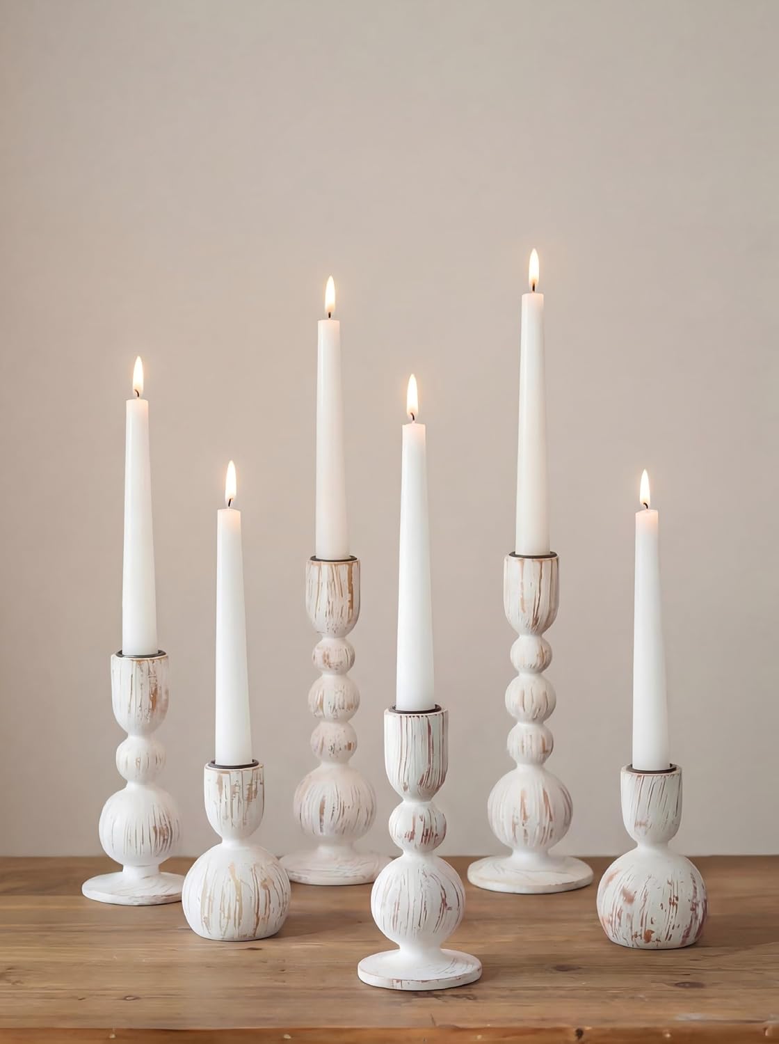 NUPTIO Wooden Taper Candle Holders, Set of 6 White Candlesticks
