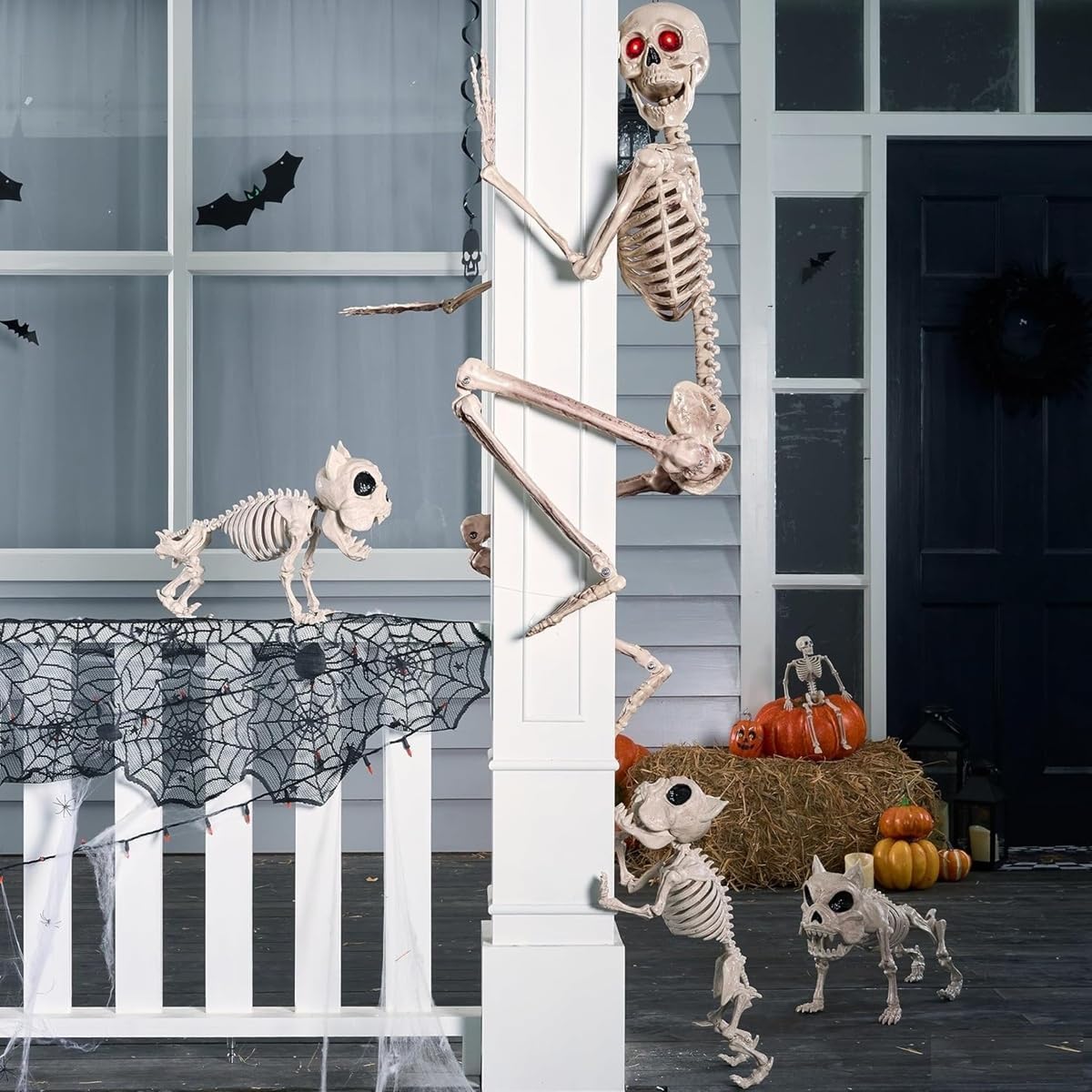JOYIN 5.6 FT Halloween Posable Skeleton Life Size with LED Red Glowing Eyes, ...