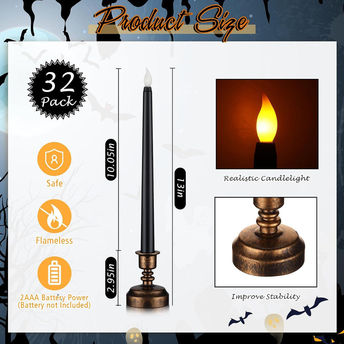 MTLEE Black 32 Pcs Flameless Taper Candles with Holders