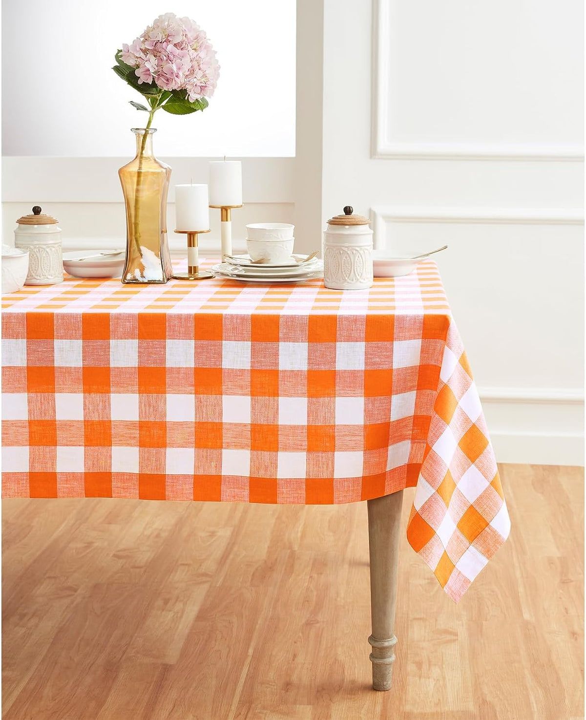 Solino Home 100% Linen Tablecloth, 60 x 108 in, Pumpkin and White Check