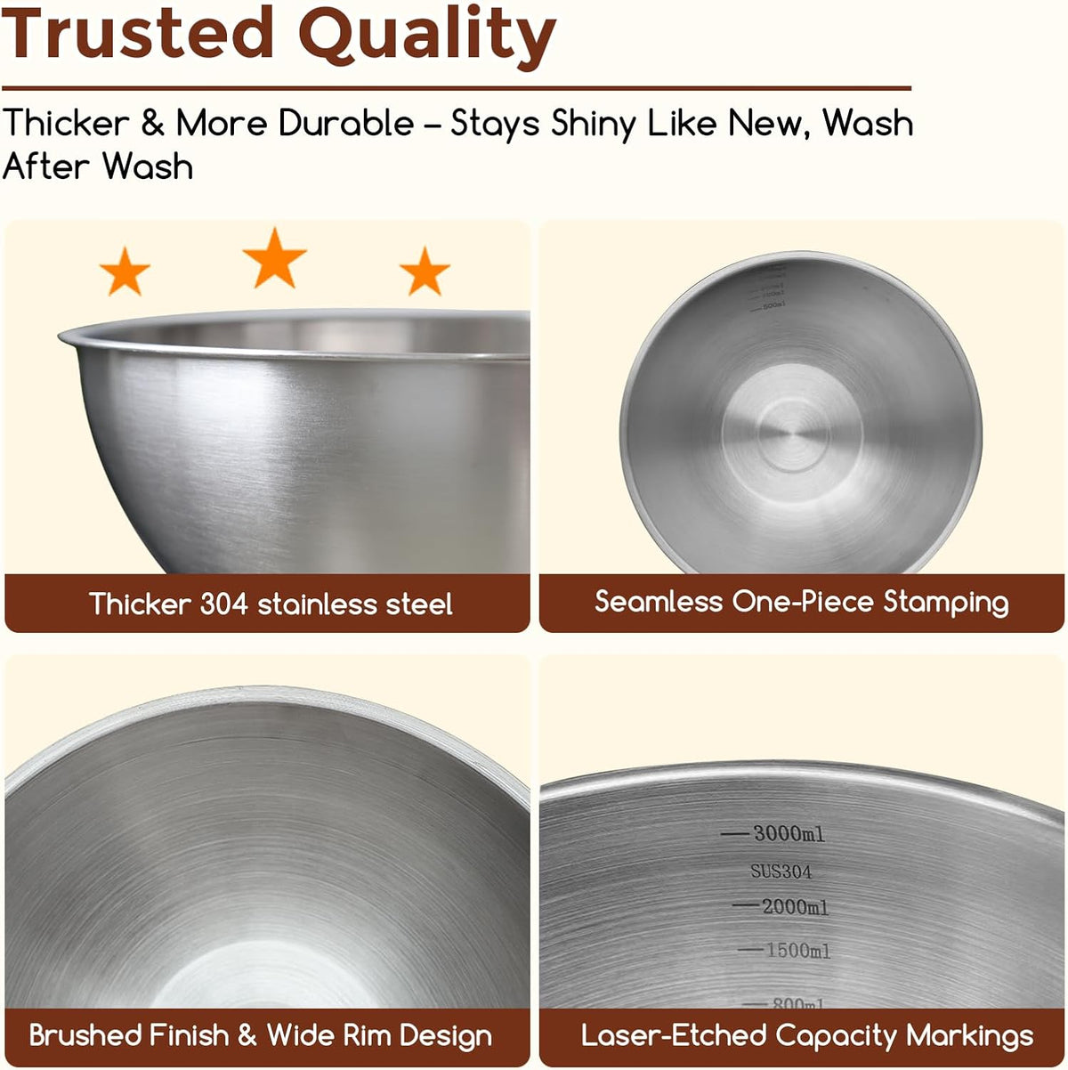 Gronivex Stainless Steel Mixing Bowls Set, 3-Piece (1.5, 2.2 & 3.4 Qt)