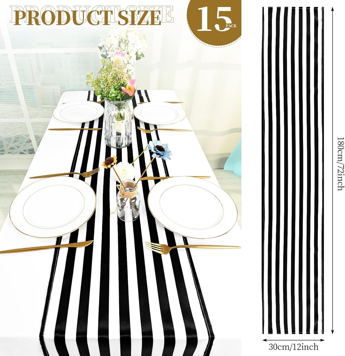 fani 15 Pack Black and White Striped Table Runner, 12 x 72 Inch