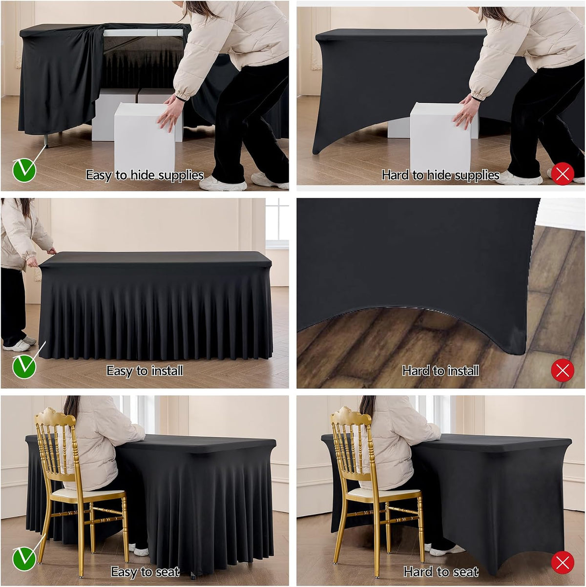 Spandex Tablecloth 6FT Rectangle Table Cover 3 Pack Black Wrinkle-Free