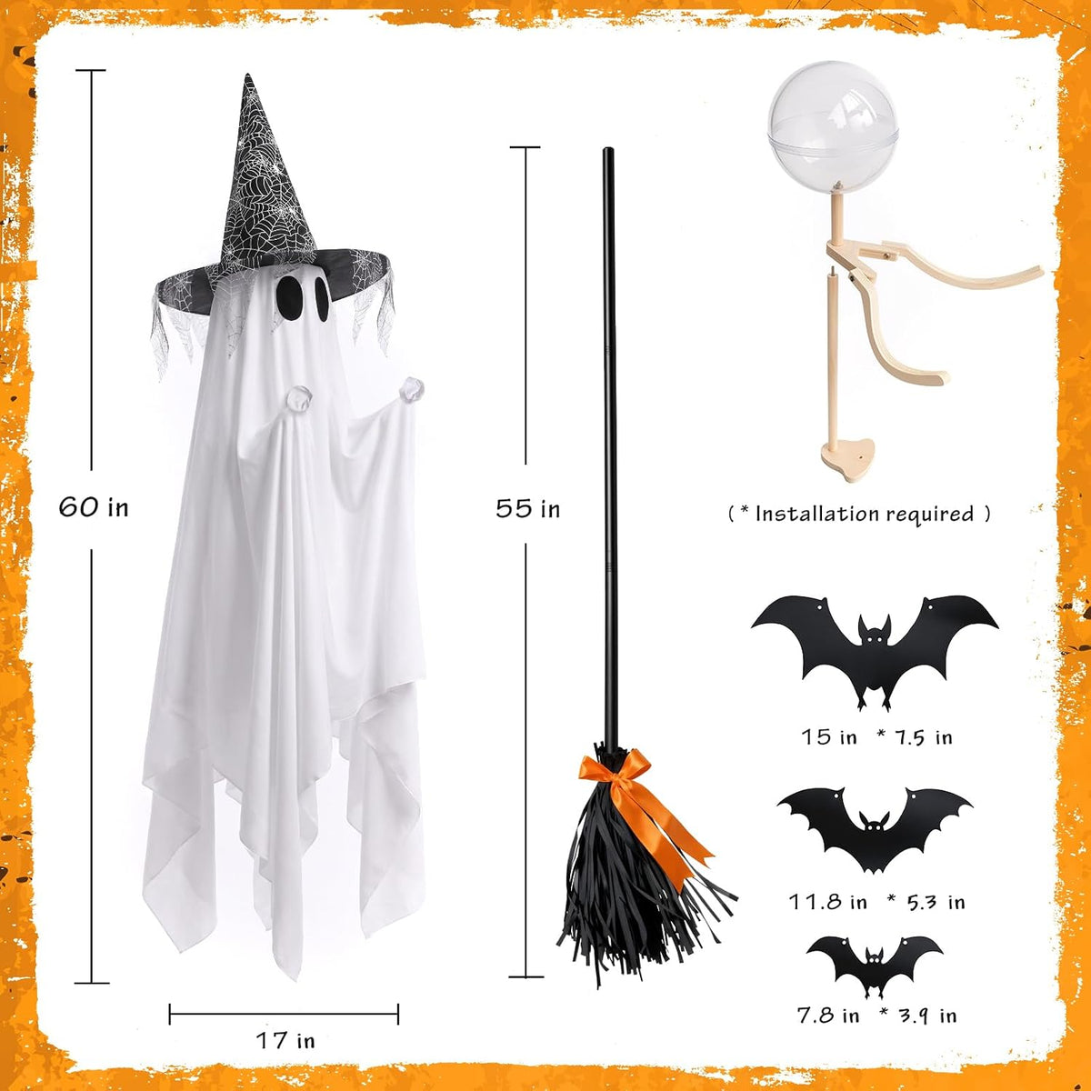 Halloween Ghost Decor, 60 inch, with Witch Hat and Broom, 8 Lighting Modes