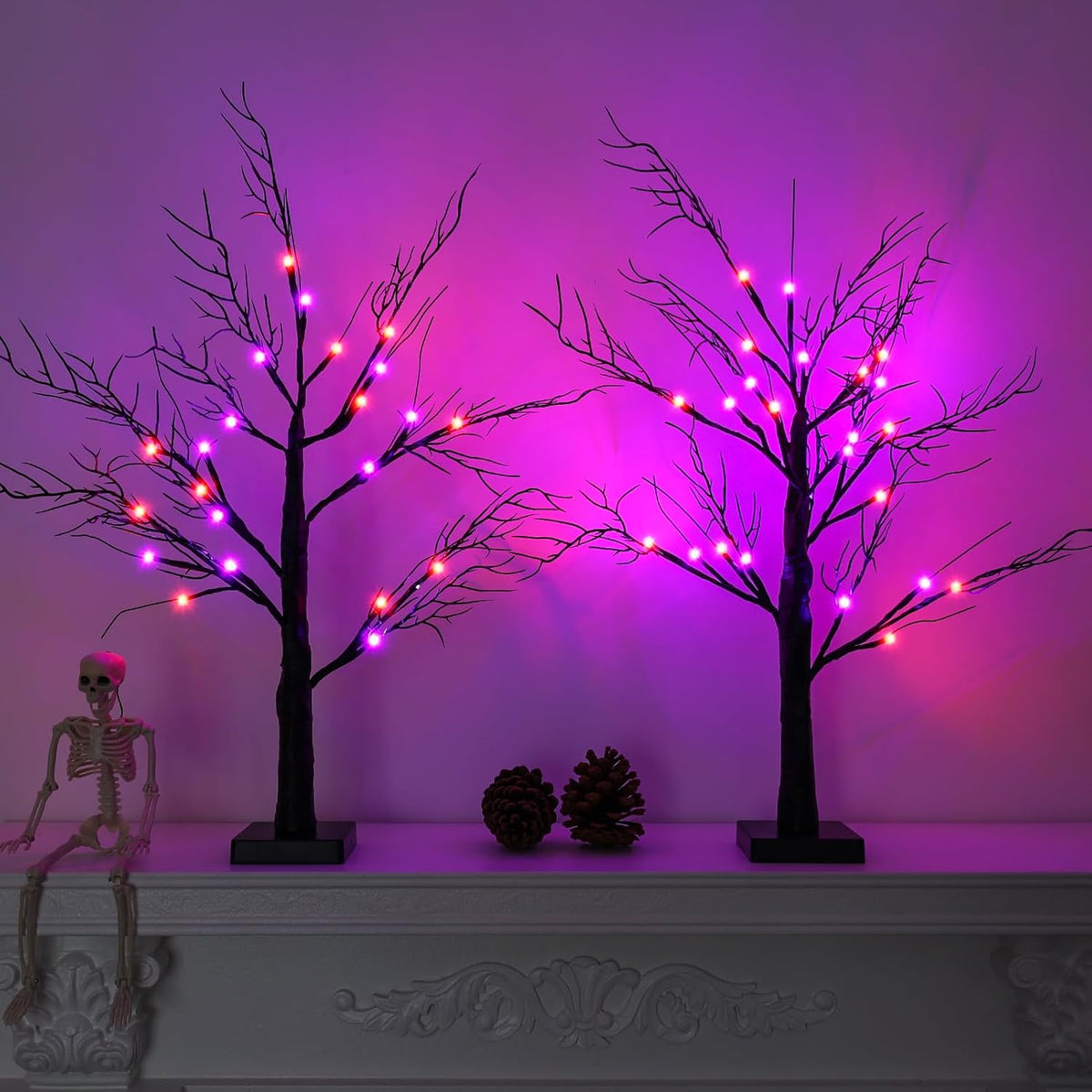 2Pack 24 Inch Halloween Spooky Tree with Lights, Lighted Tabletop Black Tree ...