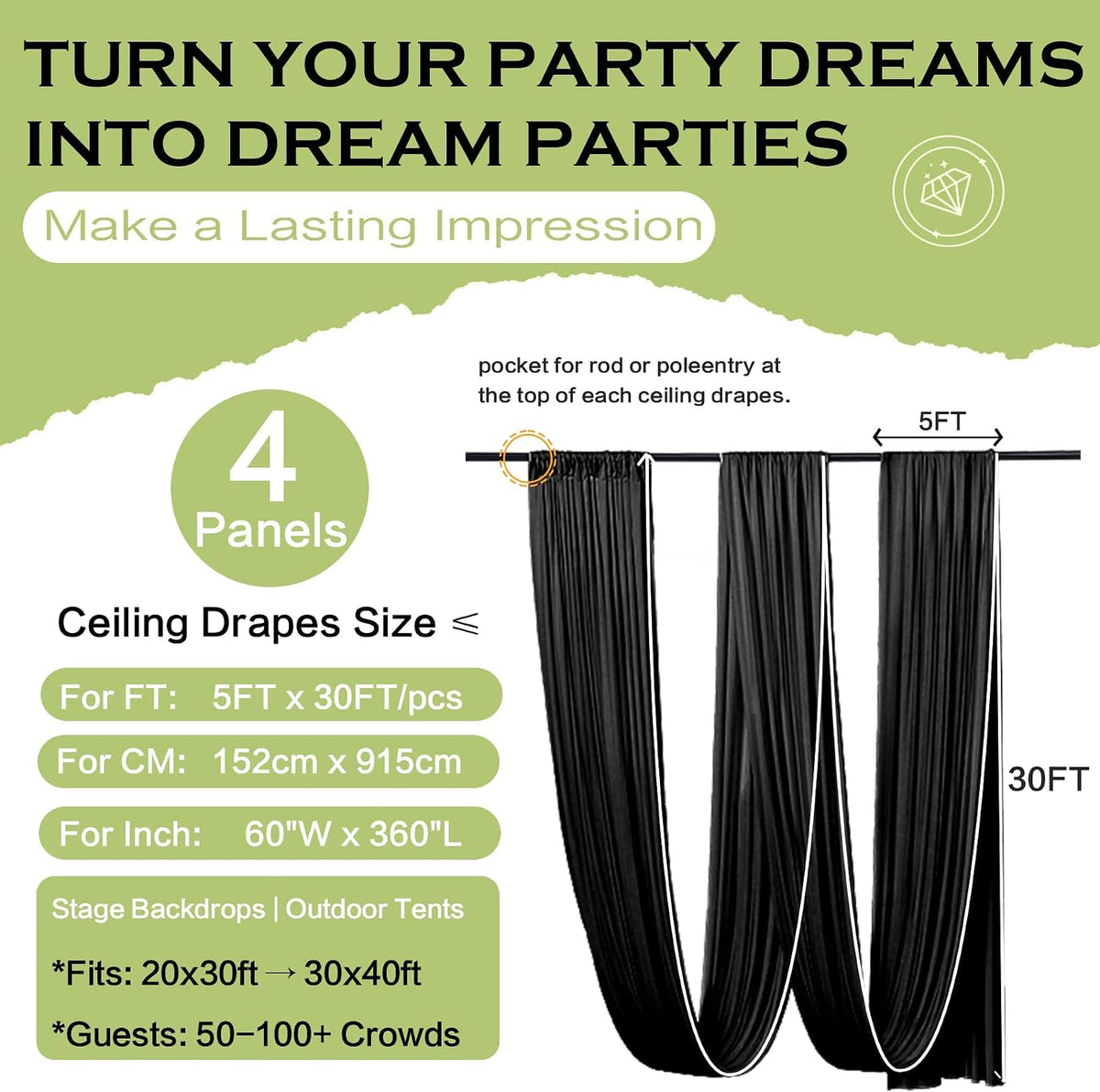 4 Panels 5ftx30ft Black Ceiling Drapes for Halloween Parties