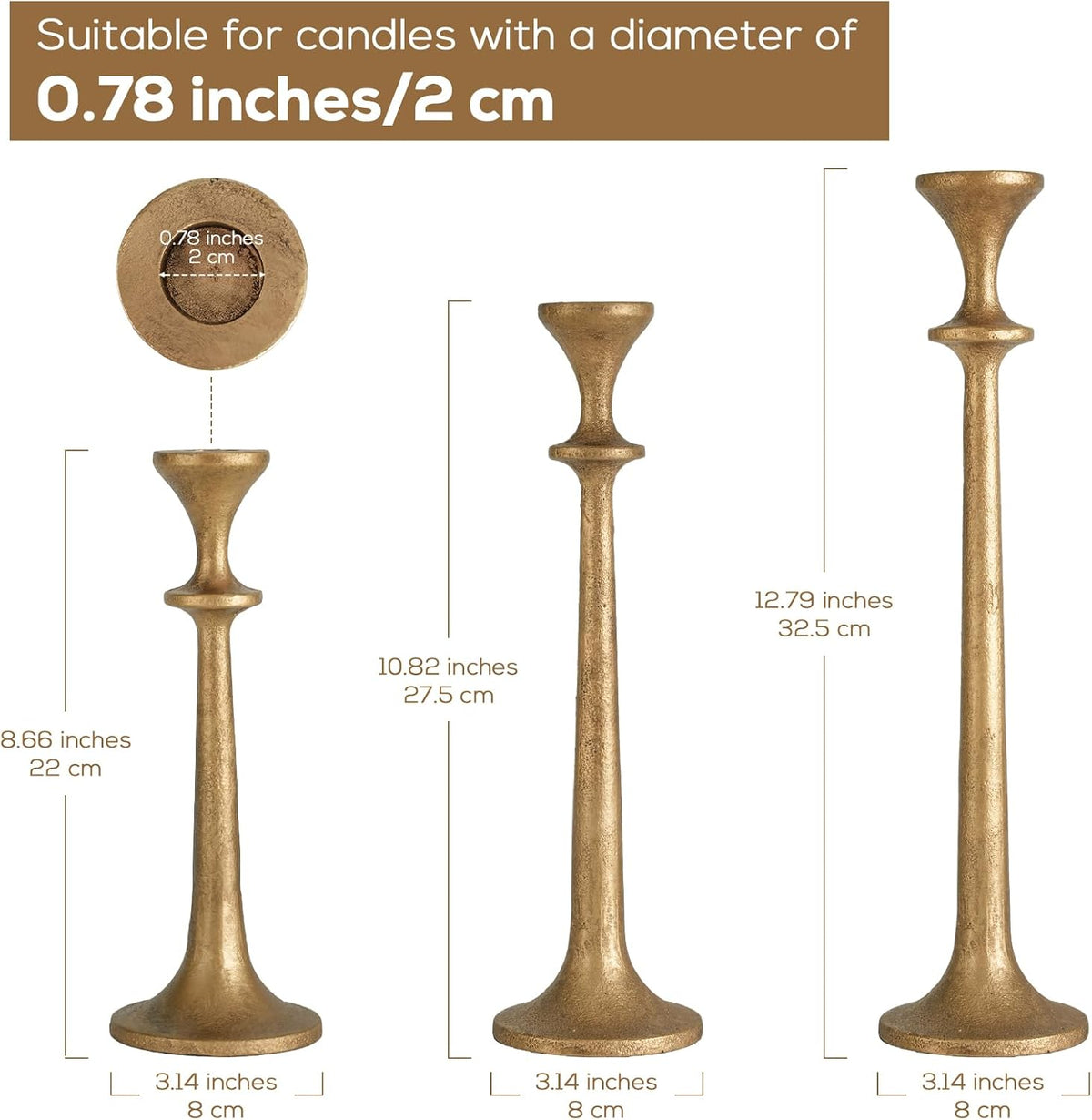 Gold Taper Candle Holders Set of 3 Heavy Cast Iron Antique Brass Candlestick ...