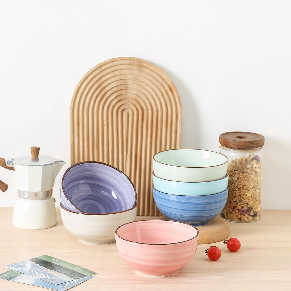 KitchenTour 24 OZ Cereal Bowls Set of 6, Ceramic Soup Bowls for Kitchen, 5.9 ...