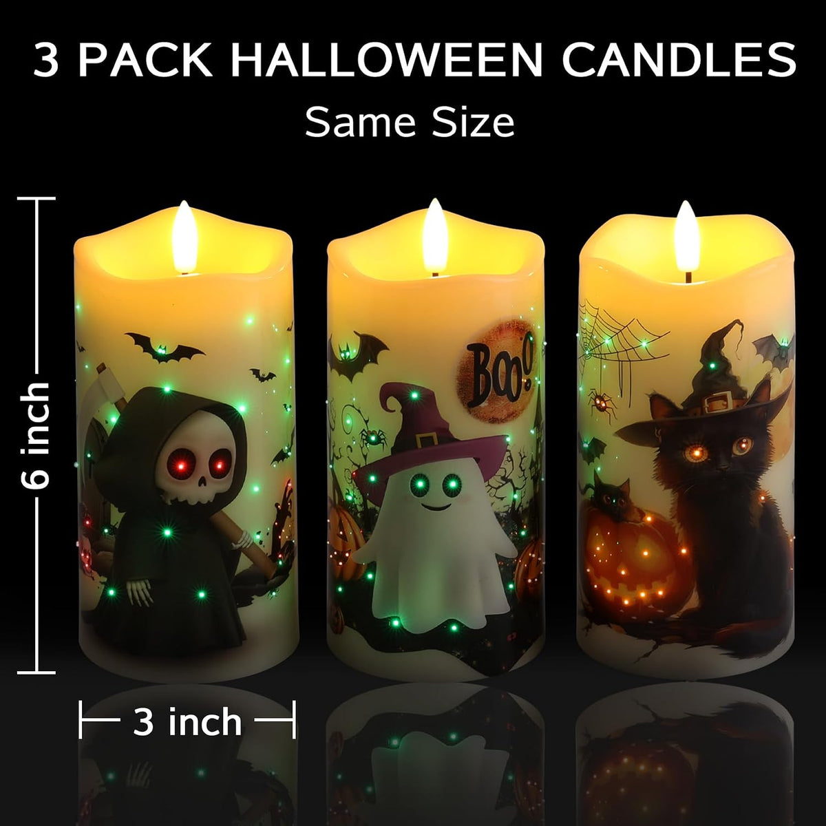 Eywamage Fiber Optic Halloween Flameless Pillar Candles with Remote 3 Pack