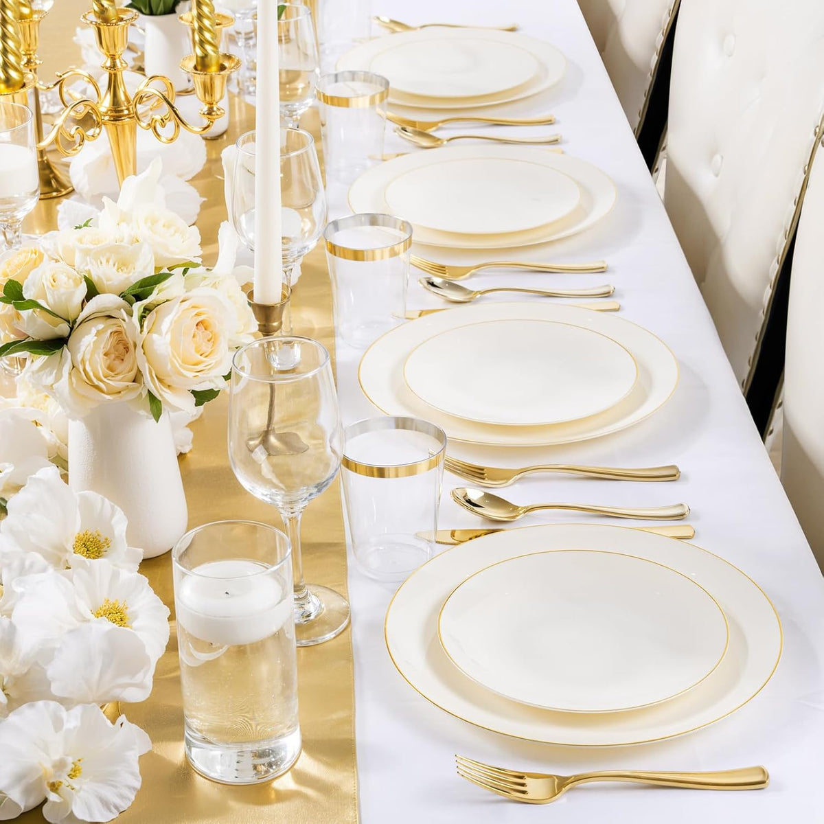 Nervure 100Pcs Ivory and Gold Plastic Plates, 7.5″Disposable Dessert Plates