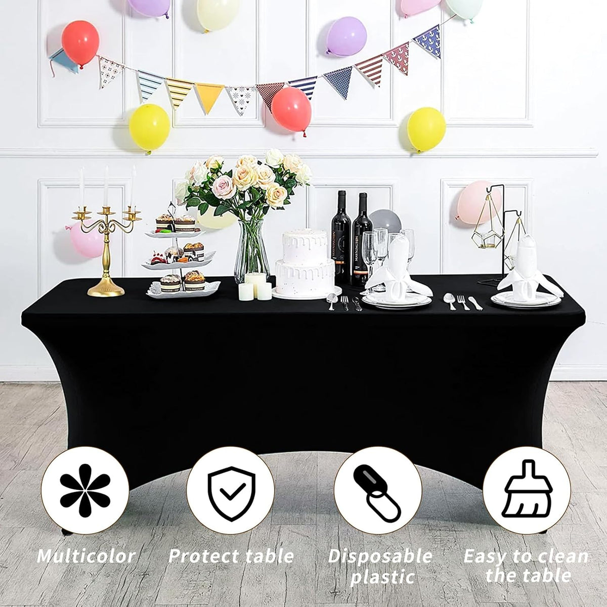 Fixwal 10 Pack 6FT Black Tablecloth Rectangle Spandex Fitted Table Cover