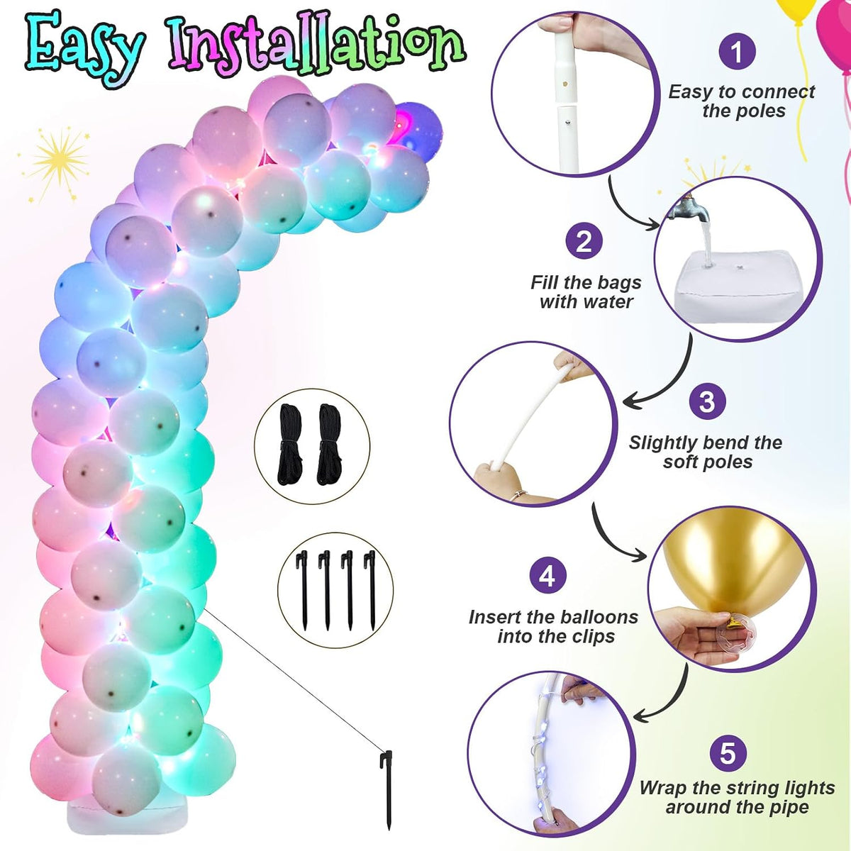 Lighted Half Arch Balloon Stand Kit 8.2FT/6FT Balloon Arch Kit for Party