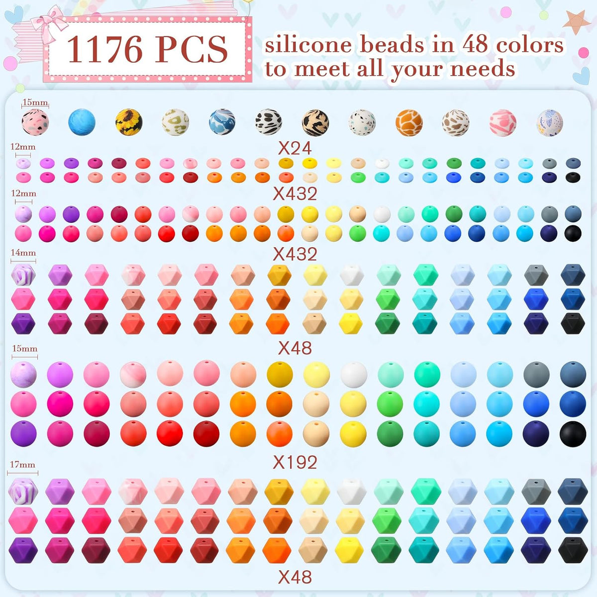 Hotop 1176 Pcs Silicone Beads for Keychain Making Kit, 12mm15mm Round 14mm17m...