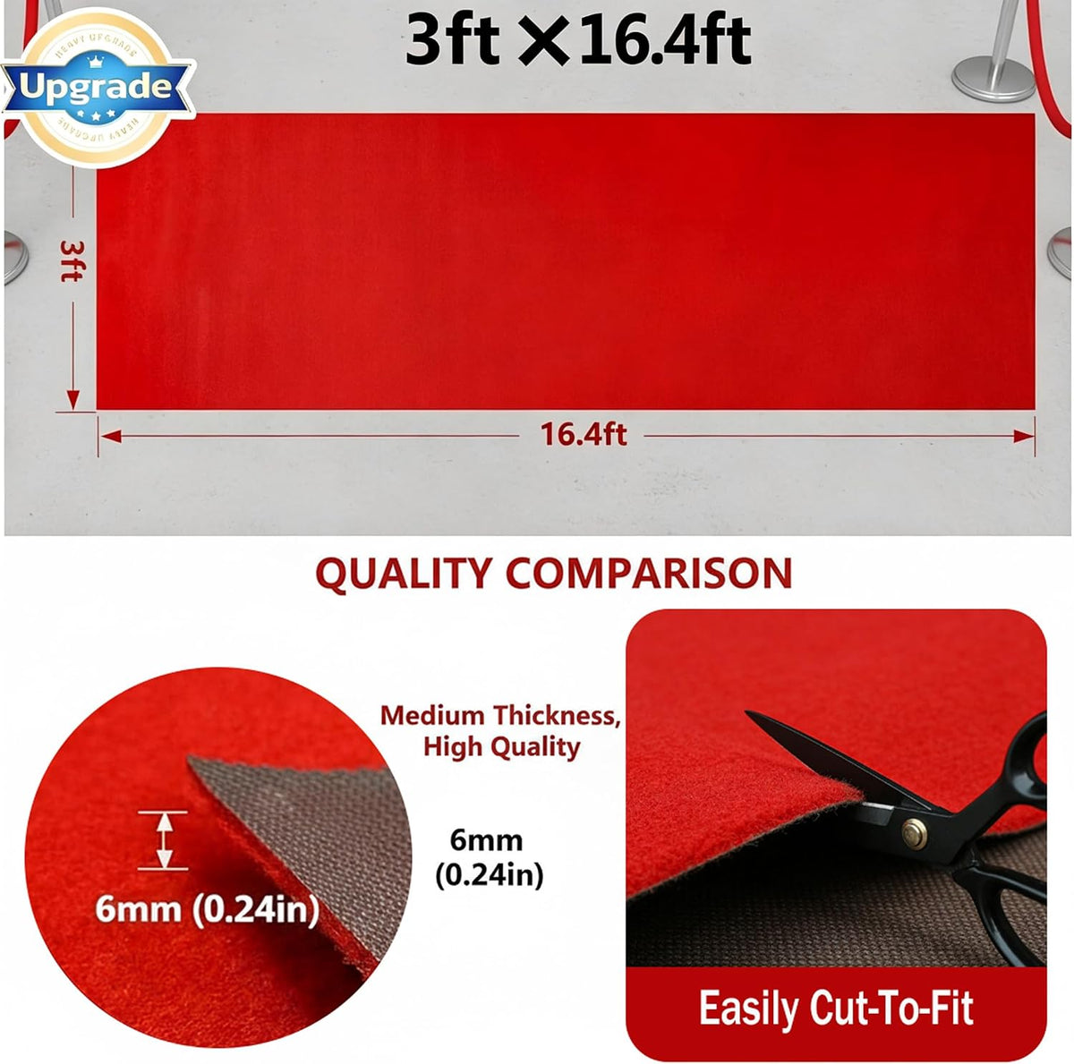 0.23In Thick Red Carpet Runner for Party, 3x16.4Ft 425 GSM Non-Slip Waterproo...