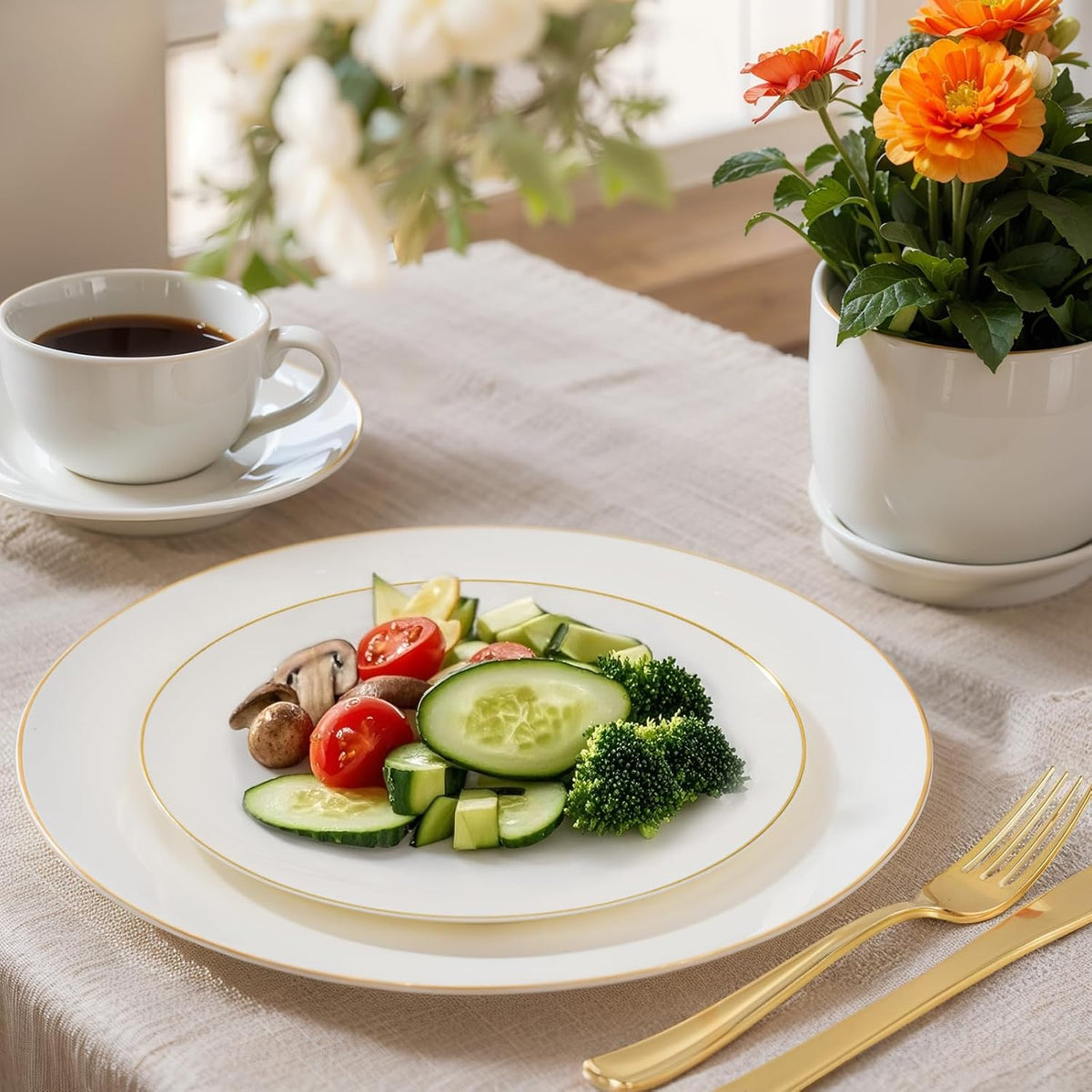 Nervure 100Pcs Ivory and Gold Plastic Plates, 7.5″Disposable Dessert Plates