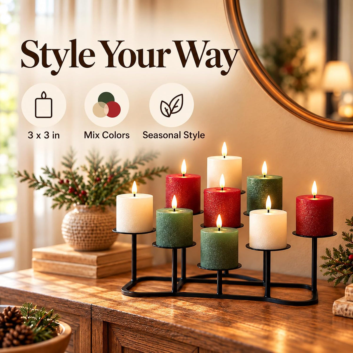 Smtyle Black Fireplace Candelabra, 9 Candle Holders for Pillar Candles