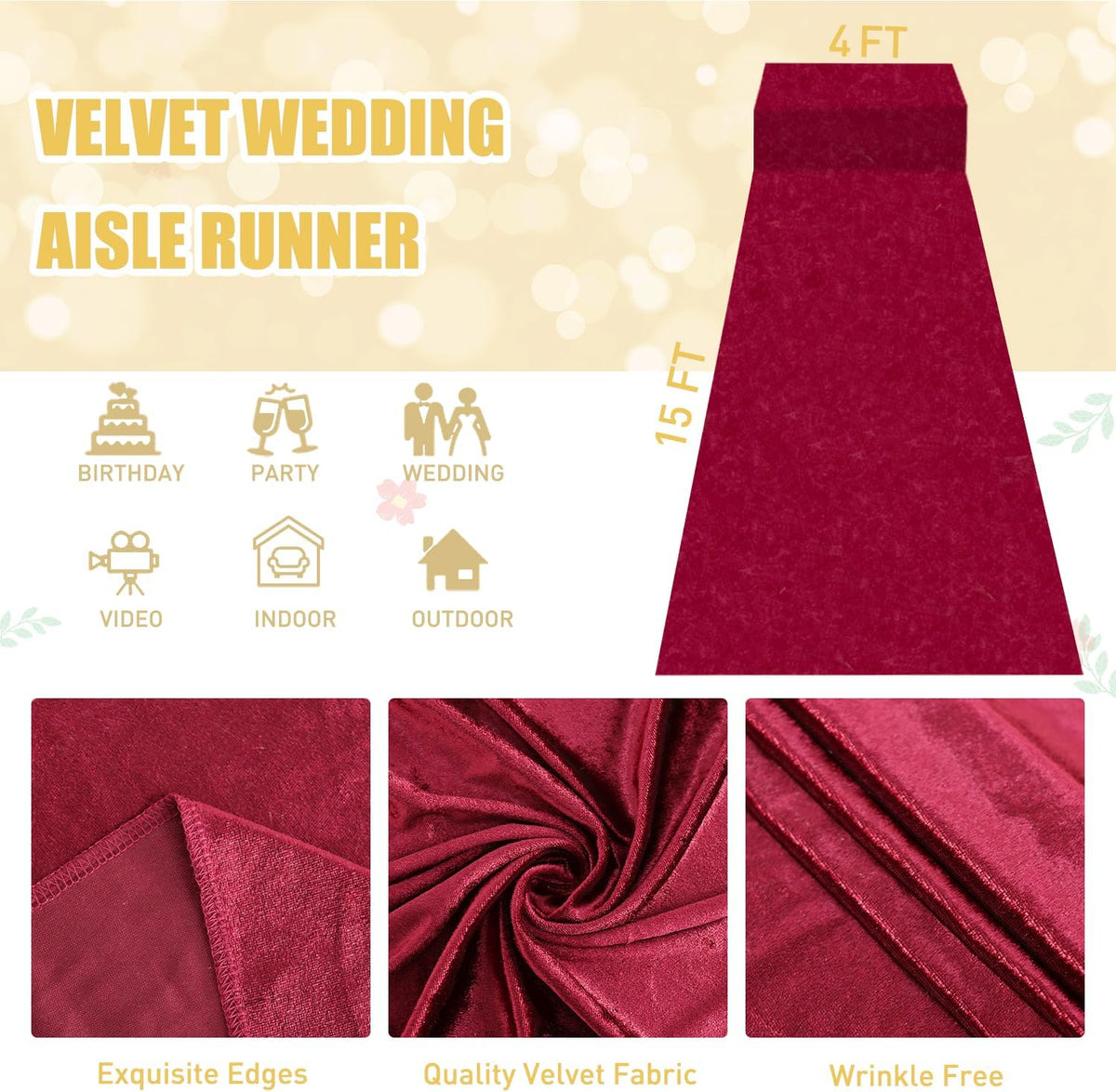 FUHSY Burgundy Aisle Runner for Weddings Velvet Aisle Runners 4FTx15FT Bridal...