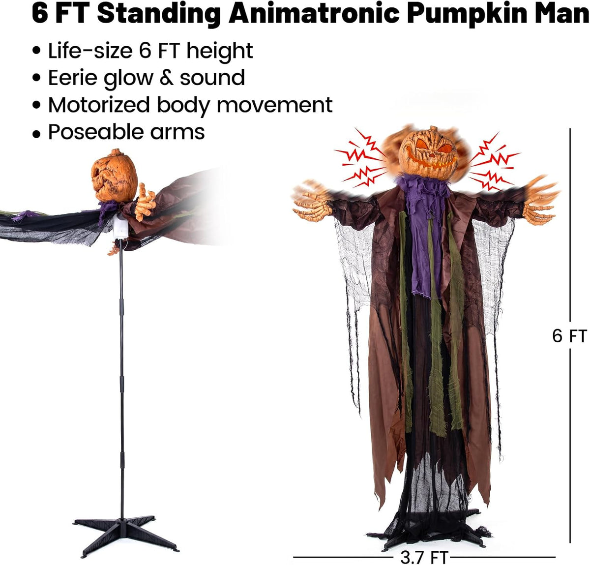 6FT Life-Size Standing Halloween Pumpkin Animatronic with Lights & Sounds