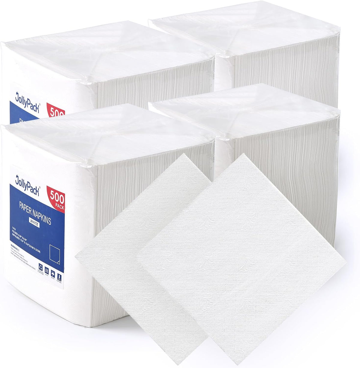 JollyPack Disposable Paper Napkins, 1-Ply 6.5x6.5 Folded, 2000 Count, White