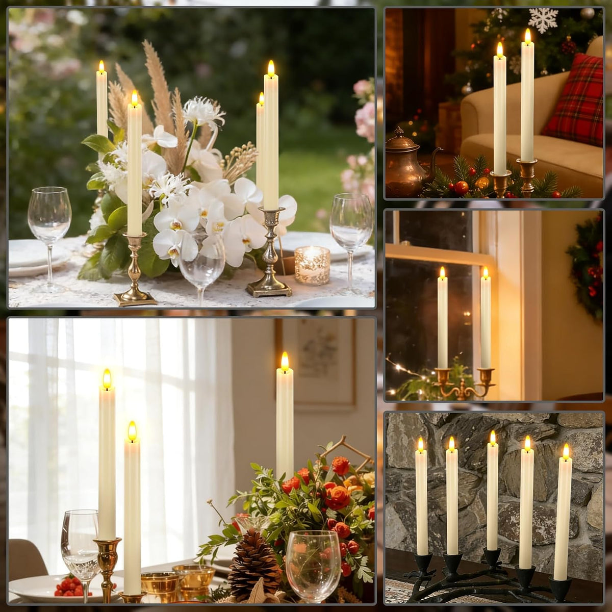 Rechargeable Flameless Taper Candles with Charging Base, (6 Pack Ivory)