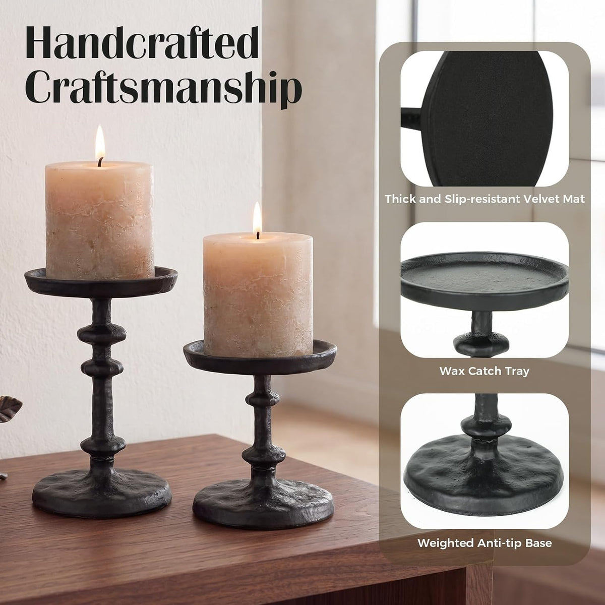 Black Cast Iron Pillar Candle Holders Set of 2 Farmhouse Candlesticks