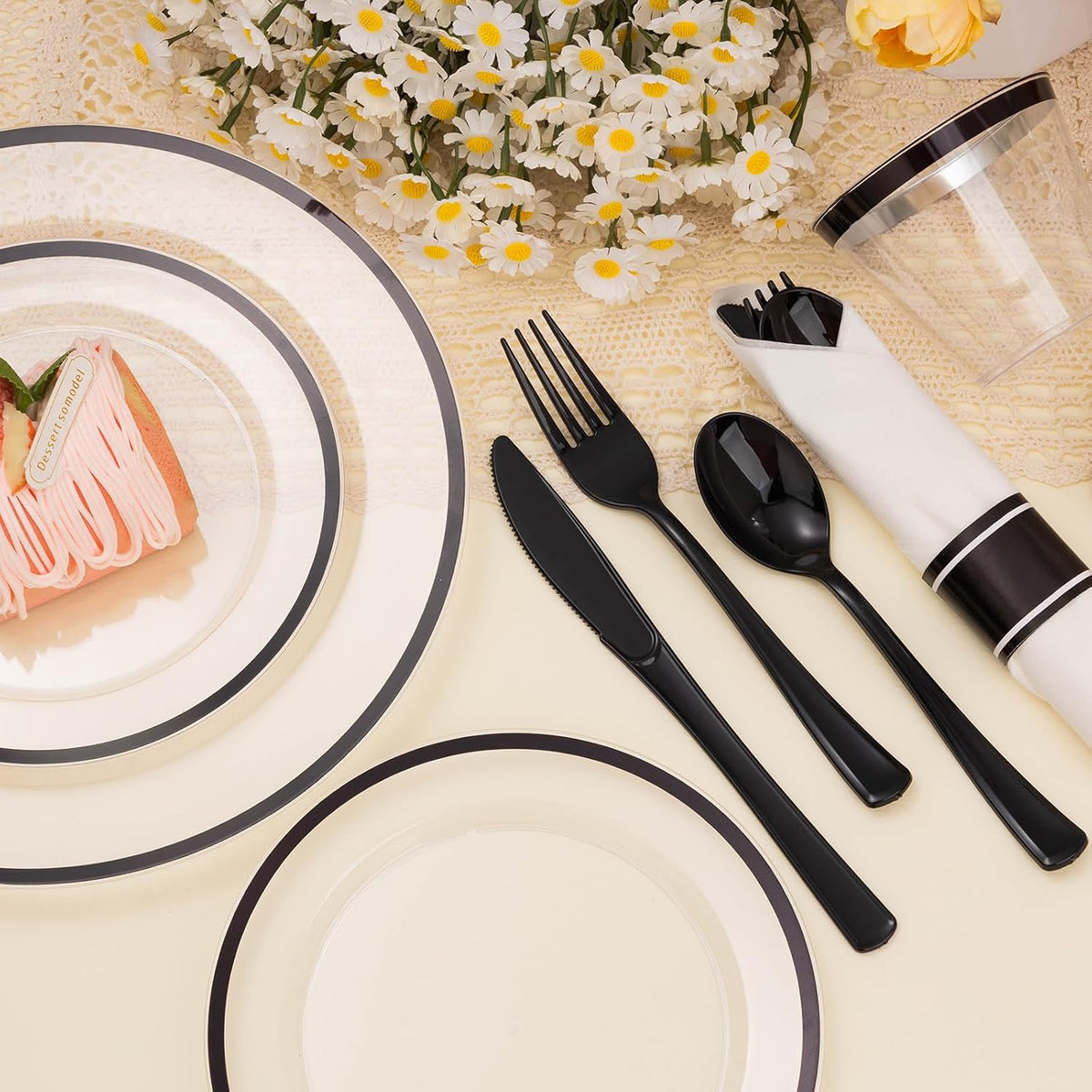 BESTSTAR 350 PCS Clear and Black Disposable Plastic Plate Set for 50 Guests