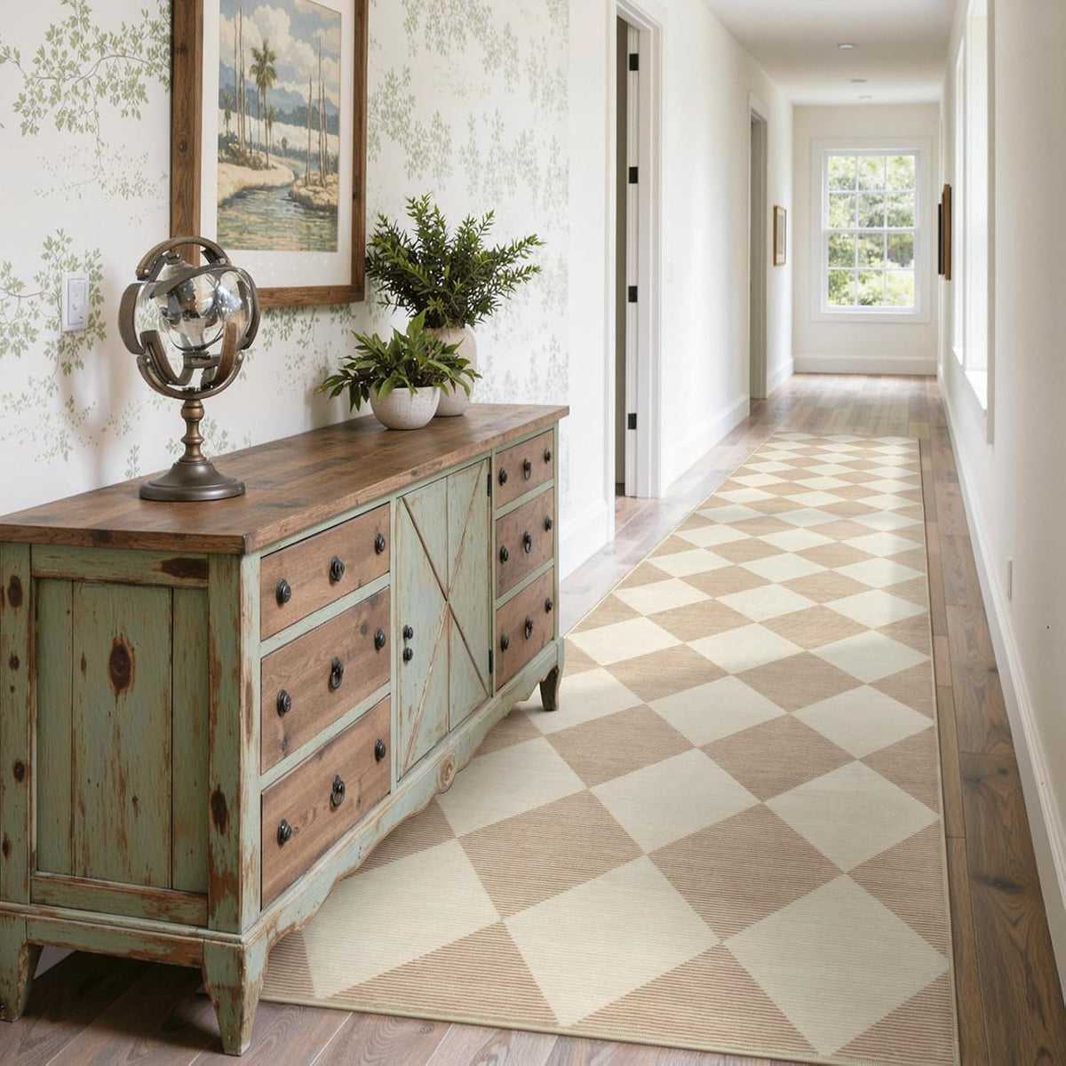 Beeiva Checkered Print Carpet Runners for Hallway 12ft, Beige Neutral Washabl...