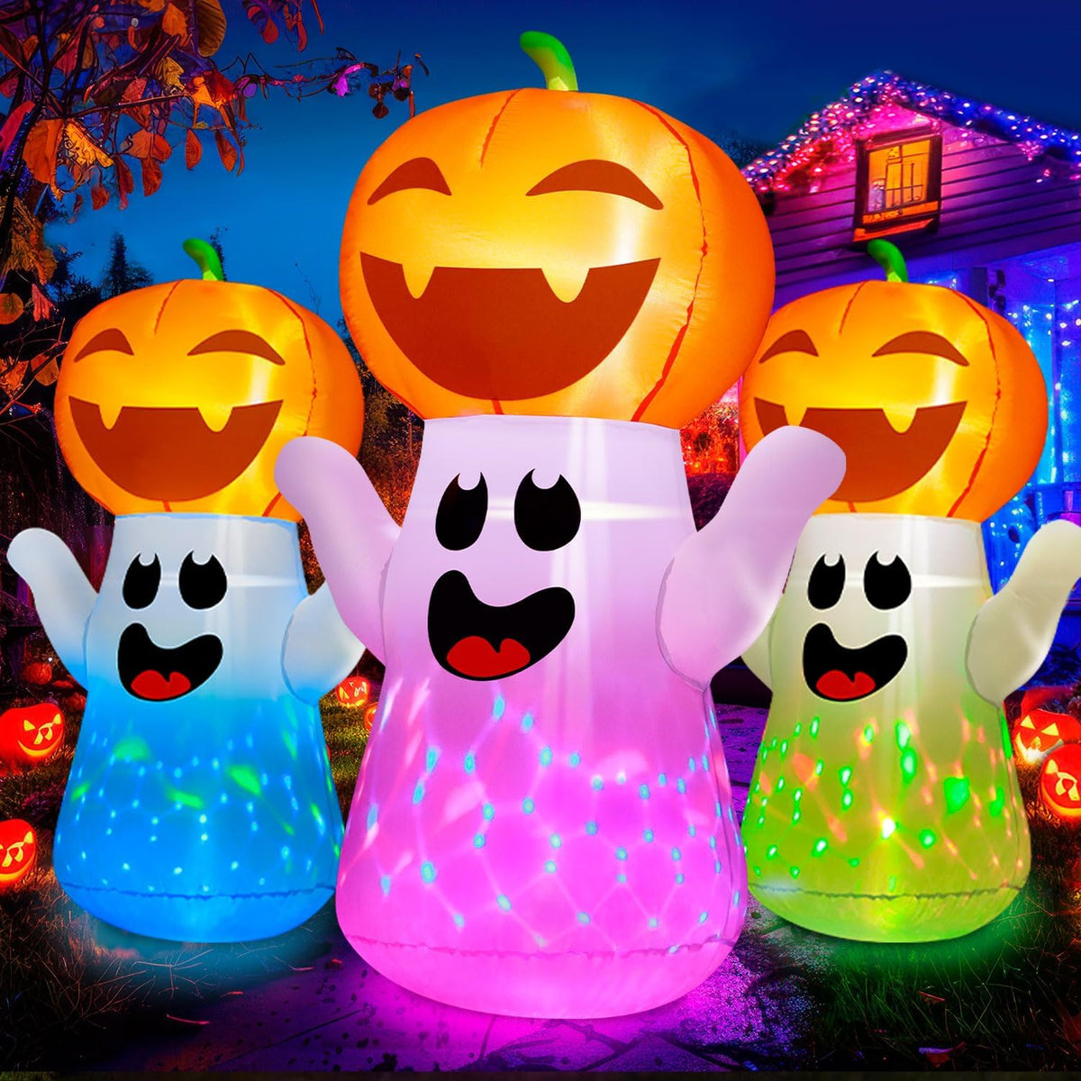 zukakii 5FT Halloween Inflatables Pumpkin Ghost Built-in 3-Pattern Colorful F...