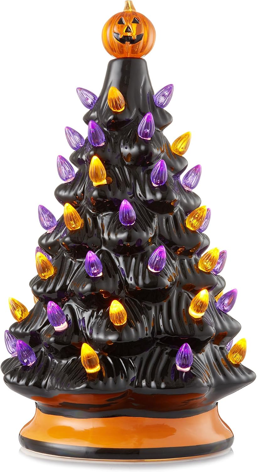 Casafield Hand-Painted Ceramic Halloween Tree, Black 12-Inch Pre-Lit Decorati...