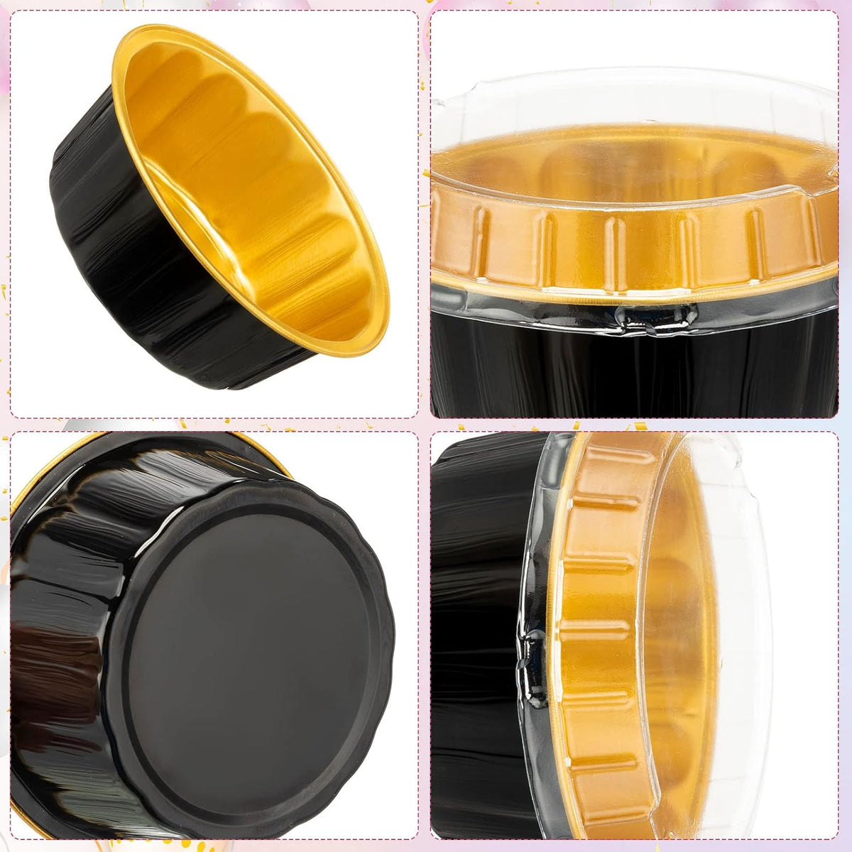 Tessco for You 100 Pcs Disposable Creme Brulee Ramekin, Black, Gold