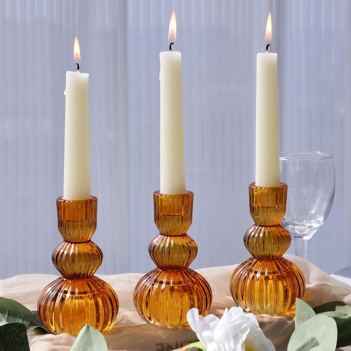 Woho Amber Candlestick Holders Set of 6 4.3" H for Thanksgiving/Fall Decor