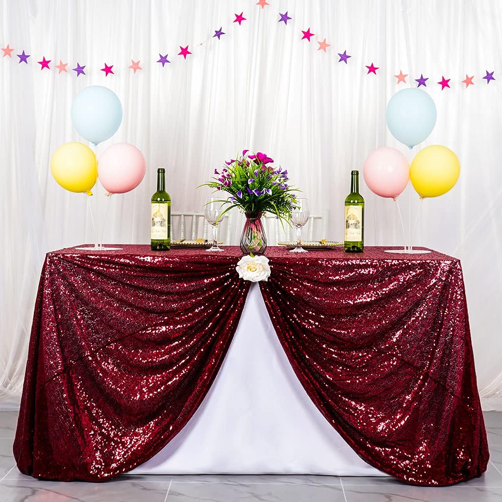 Partisout Sequin Tablecloth 90x132 inch Sequin Table Cloth for Parties Burgun...