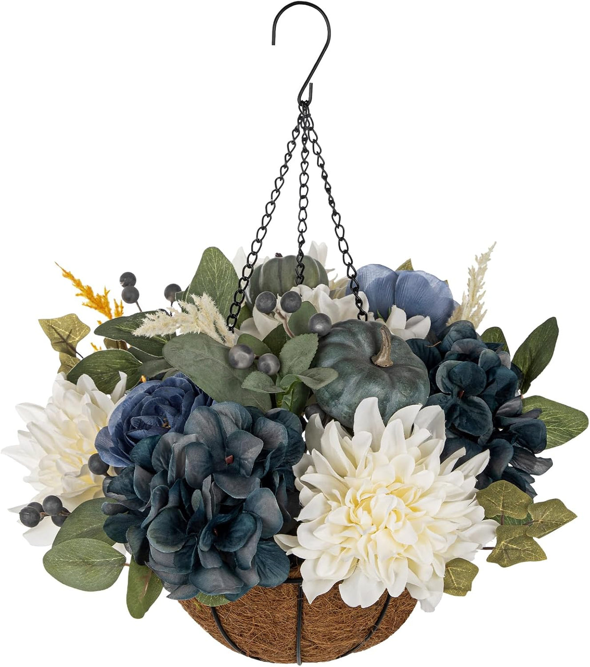 Hollyone 13" Fall Hanging Baskets Medium Pumpkins Hydrangea Dahlia Artif...