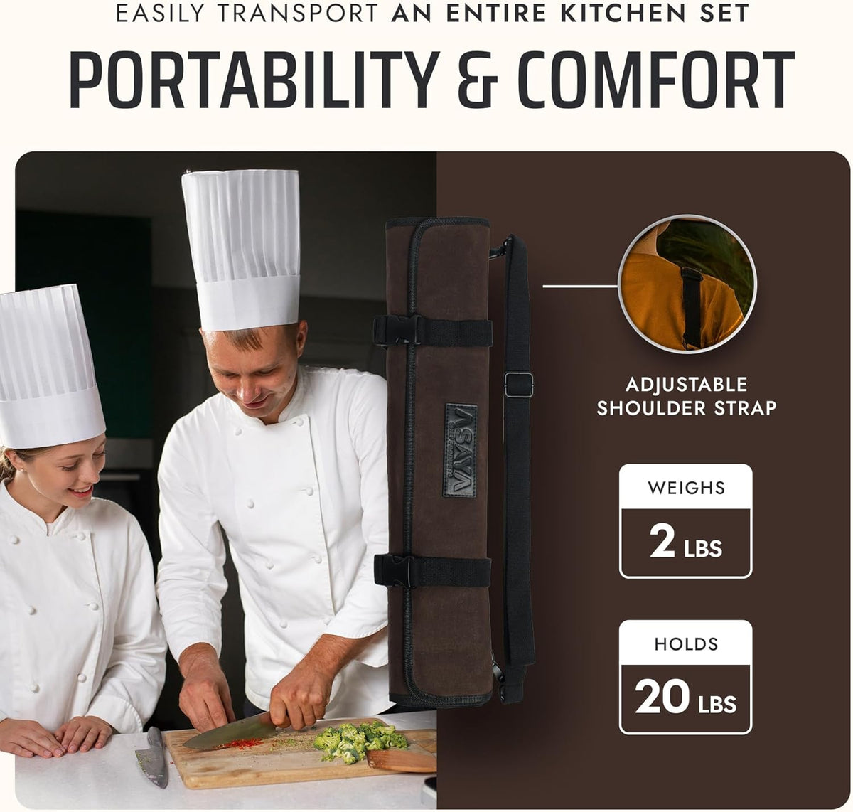 Asaya Waxed Canvas Chef Knife Roll Bag with 10 Slots and a Zipper Pocket - Pr...